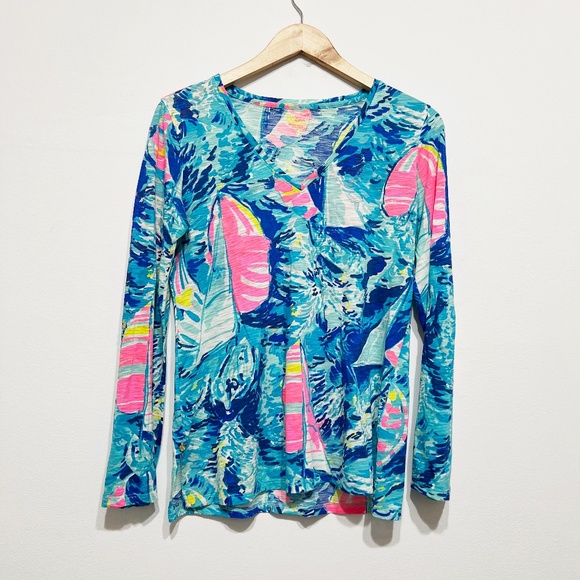 Lilly Pulitzer Jennifer Long Sleeve Tee Shirt Sparkling Blue Hey Bay Bay Print - Picture 1 of 3
